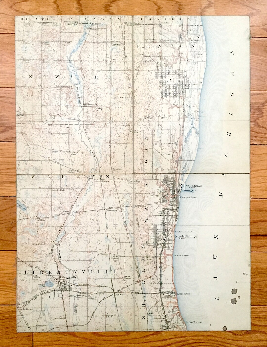 Antique Waukegan, Illinois 1908 US Geological Survey Topographic Map North Chicago, Lake Bluff