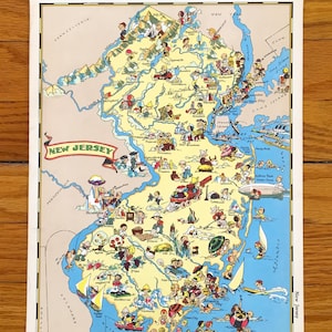 Mapa antiguo del estado de Nueva Jersey de 1938 de Our Gay Geography de Ruth Taylor: Newark, Jersey City, Shore, Beach, Trenton, Princeton, Cape May, Nueva Jersey