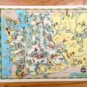 Ancienne carte de l'État de Washington de 1938 de notre géographie gay par Ruth Taylor - Seattle, Olympia, Tacoma, Orcas Island, Bellevue, Spokane, Kent WA
