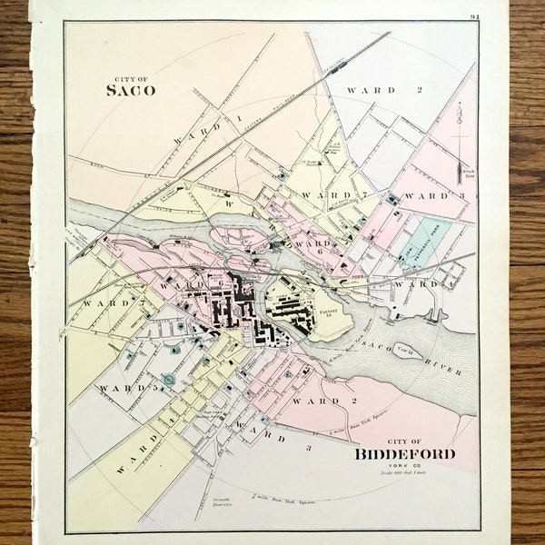 Antique 1885 Saco and Biddeford, Maine Map from N. Colby & Company Atlas – York County, Saco River, Factory, Gooch, Springs Island, City ME