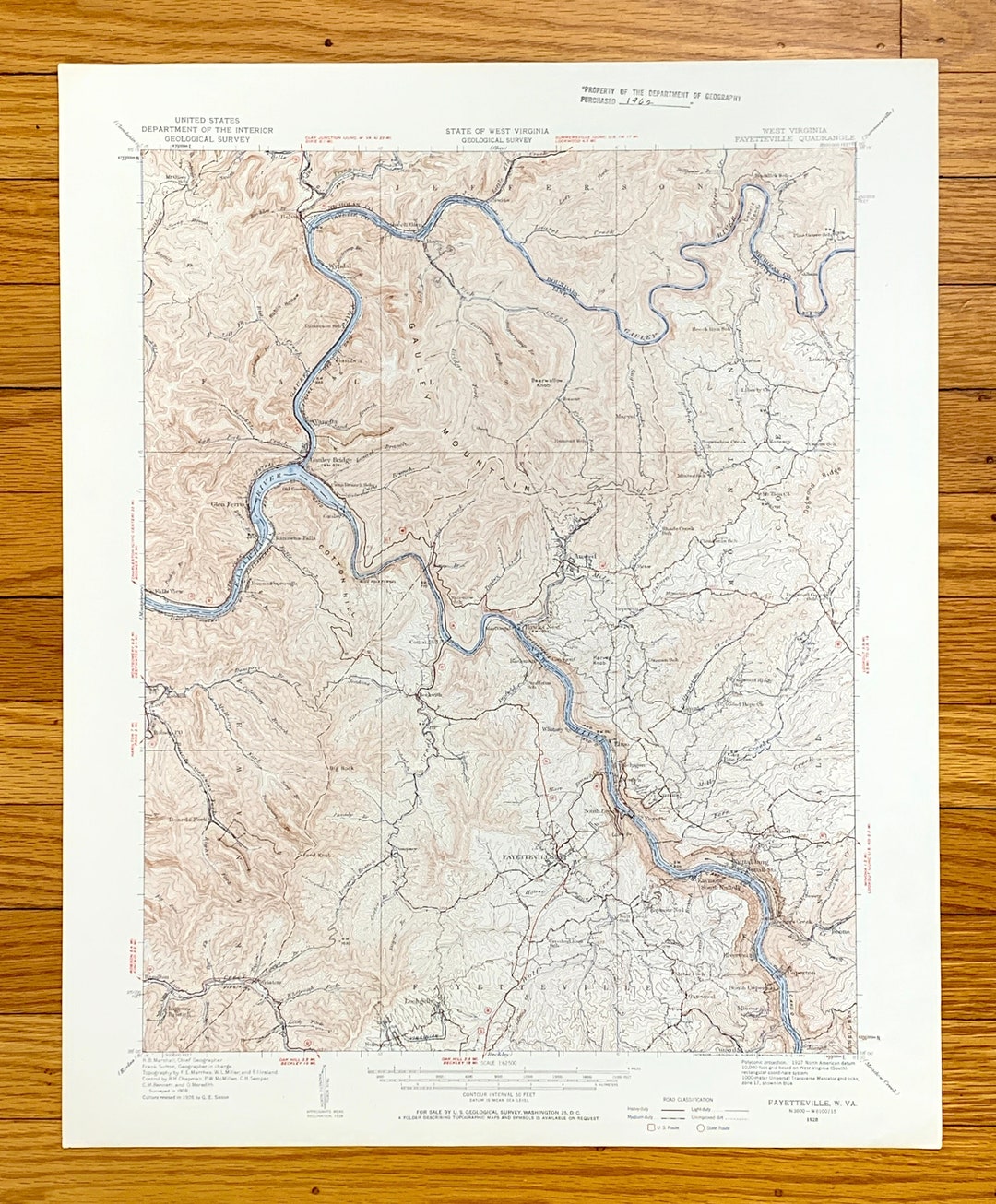 Antique Fayetteville, West Virginia 1928 US Geological Survey Topographic Map Ansted, Lansing