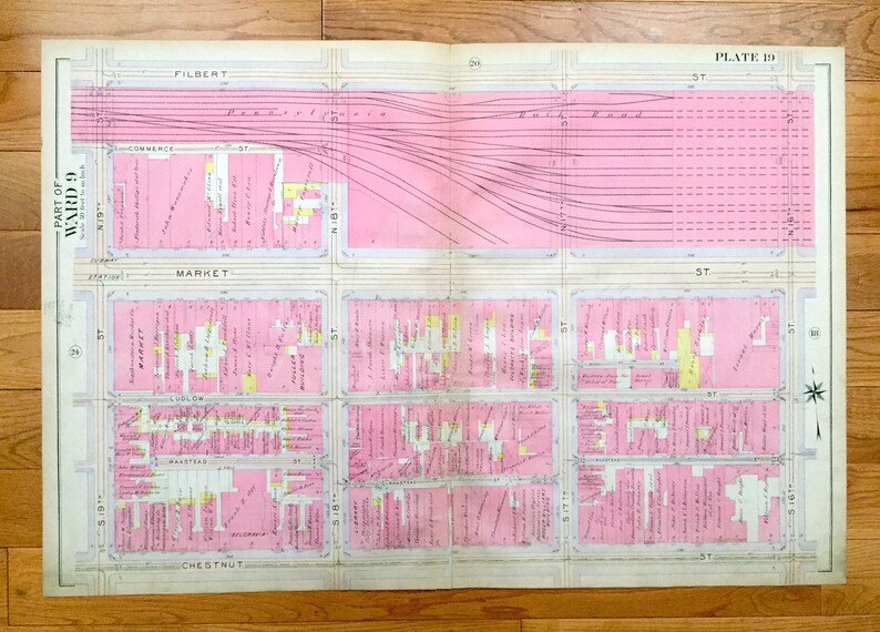 Antique Center City, Philadelphia, Pennsylvania 1908 Elvino V Smith Atlas Map – shops City Hall, Logan Square, Rittenhouse, Market Street, PA PHL