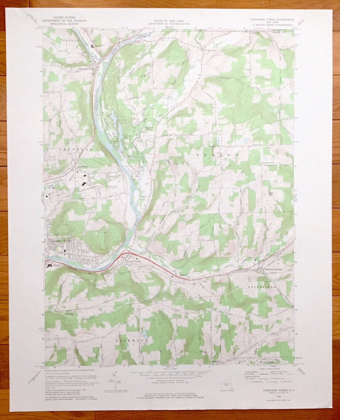 Antique Chenango Forks, New York 1968 US Geological Survey Topographic Map Broome County, Barker
