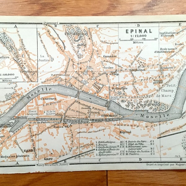 Antique 1909 Epinal, France Map from Baedekers Guide Atlas – Vosges department, Moselle River, Roman House, Medieval castle, Le Cours, Gare
