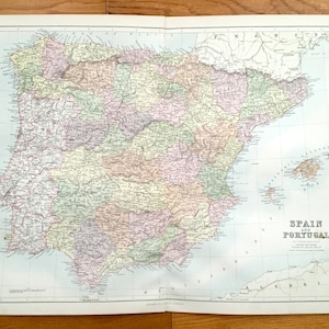 Antique 1888 Spanje en Portugal kaart van een & C Black 's wereld atlas-Madrid, Barcelona, Lissabon, Coimbra, Serra da Estrela, Golf van Valencia
