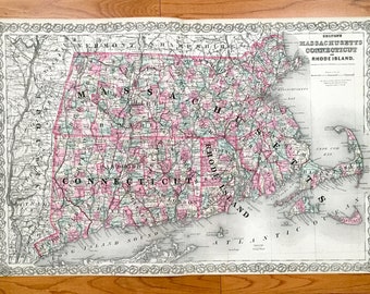 Antique 1855 New England County Map by Coltons – Massachusetts, Connecticut, Rhode Island, Cape Cod, Martha's Vineyard, Boston Berkshires MA