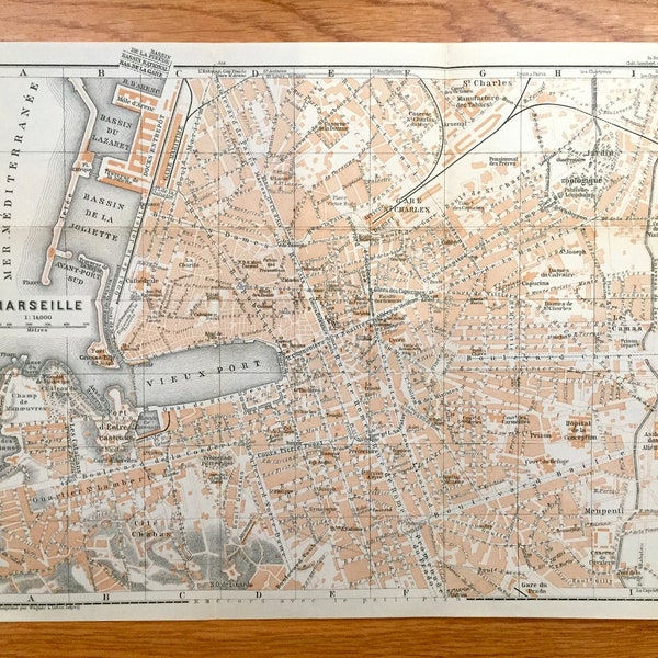 Antique 1914 Marseille, France Carte de Baedekers Guide Atlas – Méditerranée, Boulevard, Bouches-du-Rhône, Provence-Alpes-Côte d’Azur, Ville