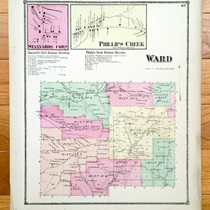 May include: A vintage map of Ward, Illinois, showing the different districts and towns. The map is in pink, green, and yellow colors. The map is titled "Ward" and has a scale of 1/2 inch to the mile.