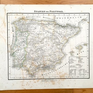 Antike 1855 Spanien und Portugal Karte aus Sohr Berghaus Atlas von Carl Flemming – Spanien und Portugal, Madrid, Lissabon, Ibiza, Barcelona, Faro