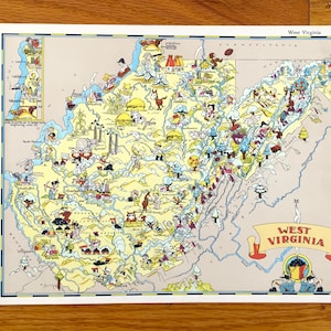 Antike 1938 Karte des US Bundesstaates West Virginia aus Our Gay Geographie von Ruth Taylor – Charleston, Thüringen, Monongahela Forest, Panhandle, Delius WV