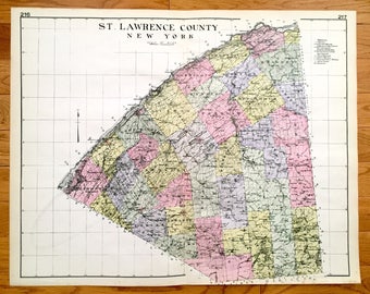 Antique St. Lawrence County, New York 1912 New Century Atlas Map – Canton, Potsdam, Ogdensburg, Morristown, Massena, Cranberry Lake, Madrid