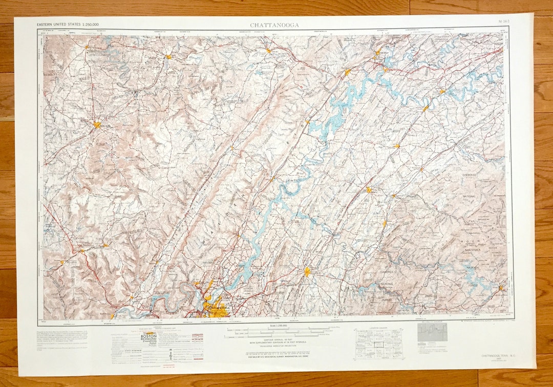 Antique Chattanooga, Tennessee 1957 US Geological Survey Topographic Map North Carolina, East