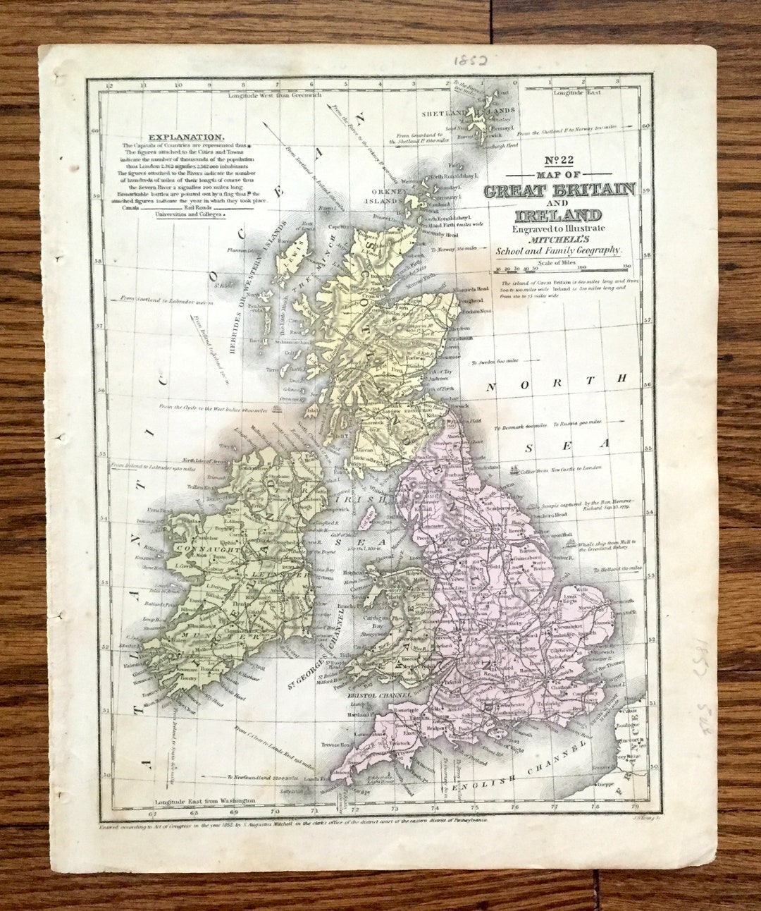 Antique 1852 British Isles Map From Smith's Geography for Schools
