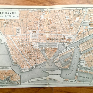 Antike 1909 Le Havre, Frankreich Karte von Baedekers Guide Atlas – Seine River, Normady, Ärmelkanal, Hafen, Bassin, Boulevard de Strasbourg