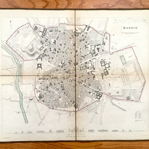Antique 1831 Madrid, Spain Map from SDUK Atlas – shops Centro, Cortes, Imperial, Embajadores, Palos de la Frontera, Malasana, Rio Manzanares