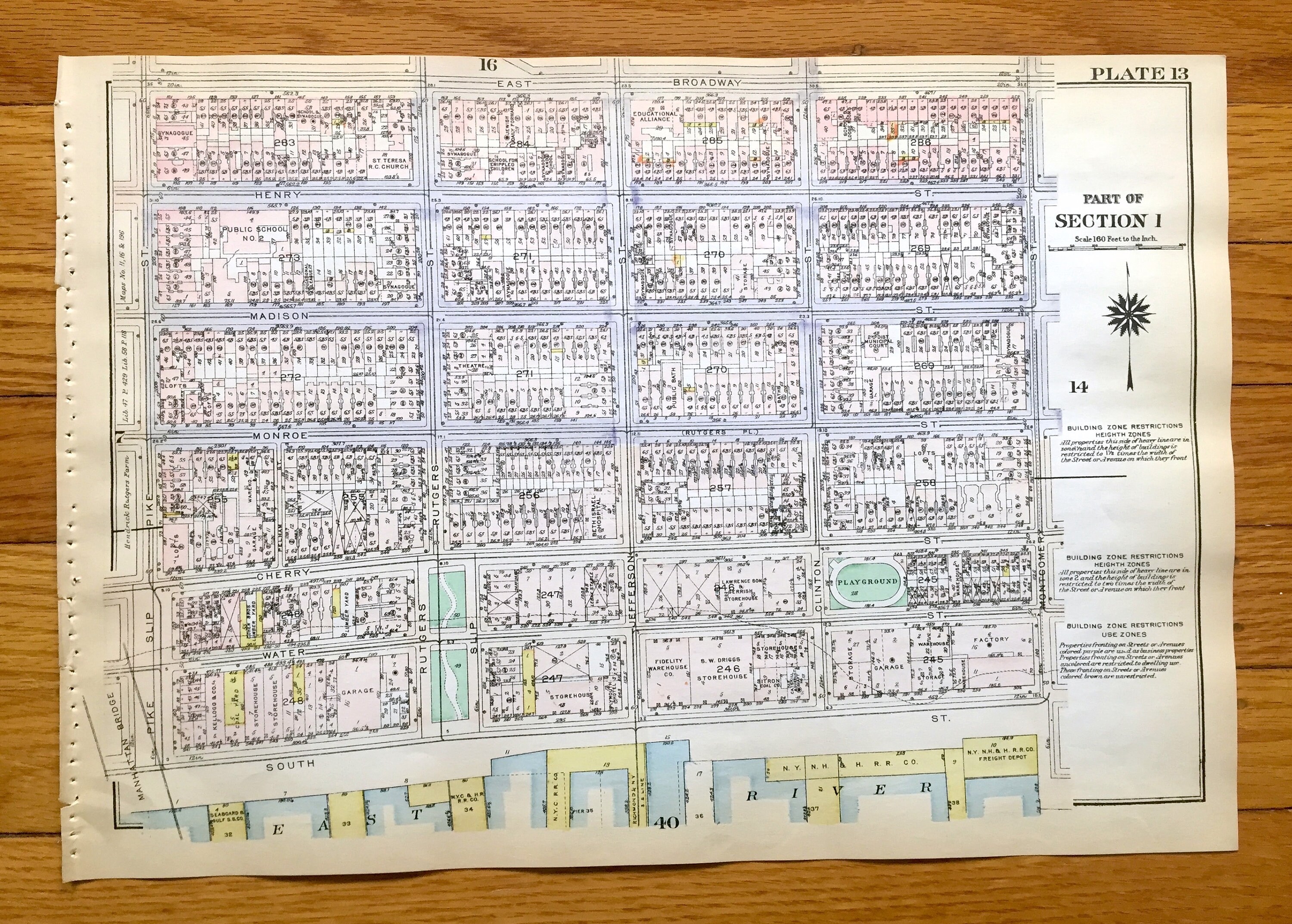Antique Manhattan, New York Map from Bromley's 1925 Manhattan Land Book – Lower East Side, Two Bridges, Laguardia & Corlears Hook Houses NYC