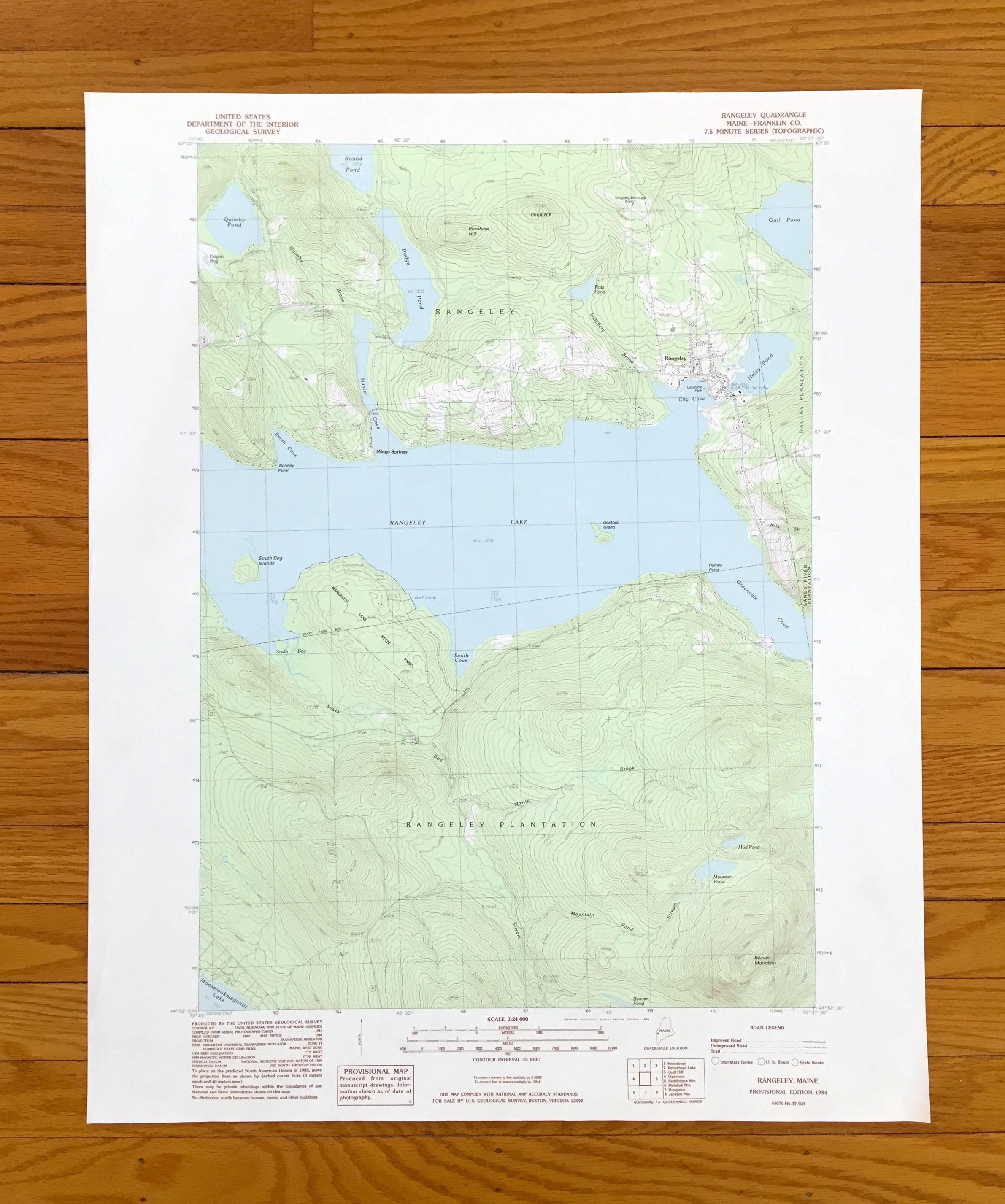 Antique Rangeley Lake, Maine 1984 US Geological Survey Topographic