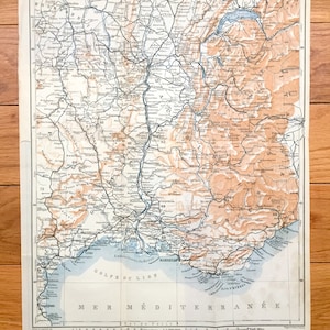 Antike 1914 Mittelmeerküste von Frankreich Karte von Baedekers Guide Atlas – Marseille, Cette, Beziers, Vienne, Clermont, Lausanne, Grenoble