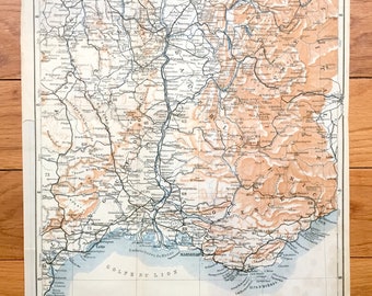 Antique 1914 Mediterranean Coast of France Map from Baedekers Guide Atlas – Marseille, Cette, Beziers, Vienne, Clermont, Lausanne, Grenoble