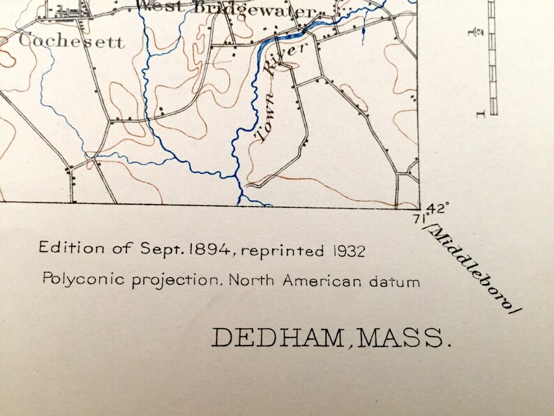 Dedham County Antique Dedham, Massachusetts 1894 US Geological Survey Topographic Map ...