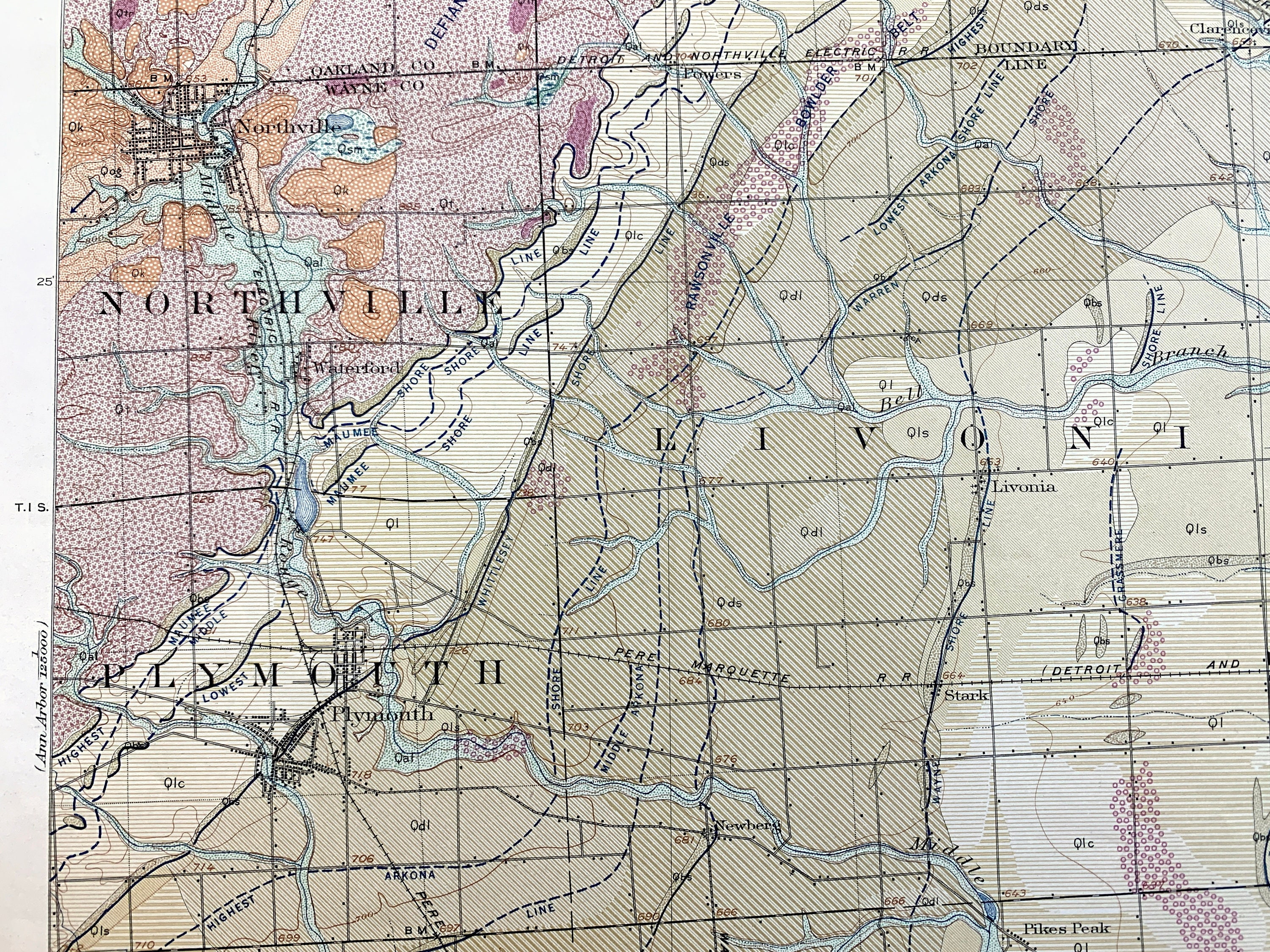 アンティーク ウェイン、ミシガン州 1916 年米国地質調査所地形図