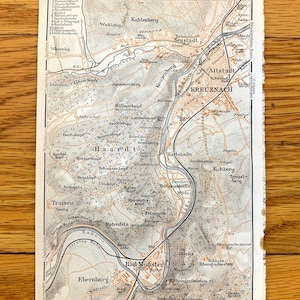 Antike 1911 Bad Kreuznach, Deutschland Karte von Baedekers Atlas Atlas – Rheinland-Pfalz, Nahe Fluss, Bad Münster, Haardt Wald, Altstadt