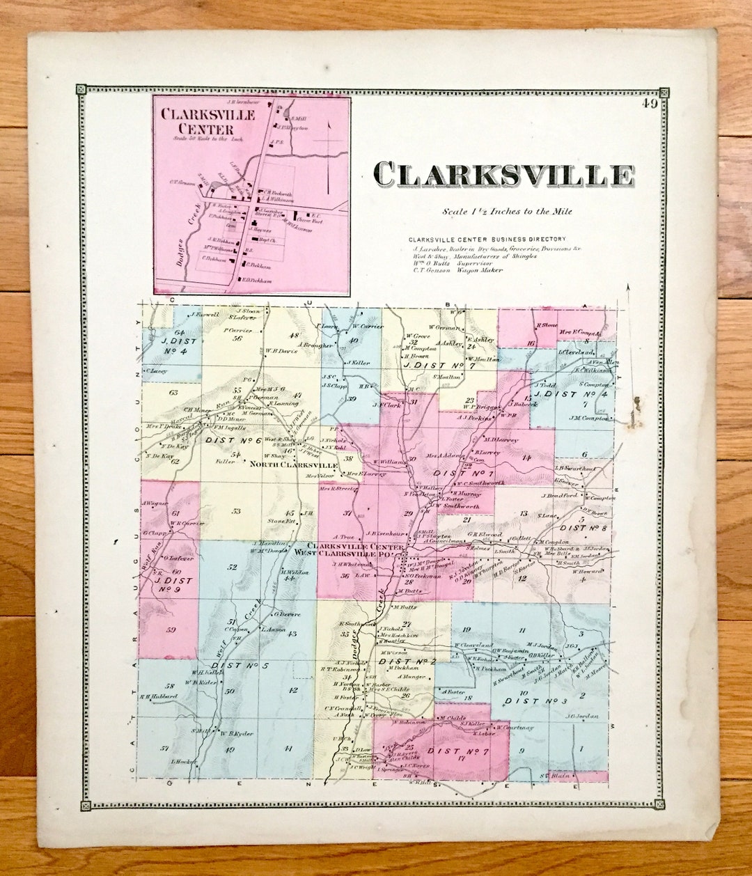 Antique 1869 Clarksville, New York Map From D.G. Beers Atlas of