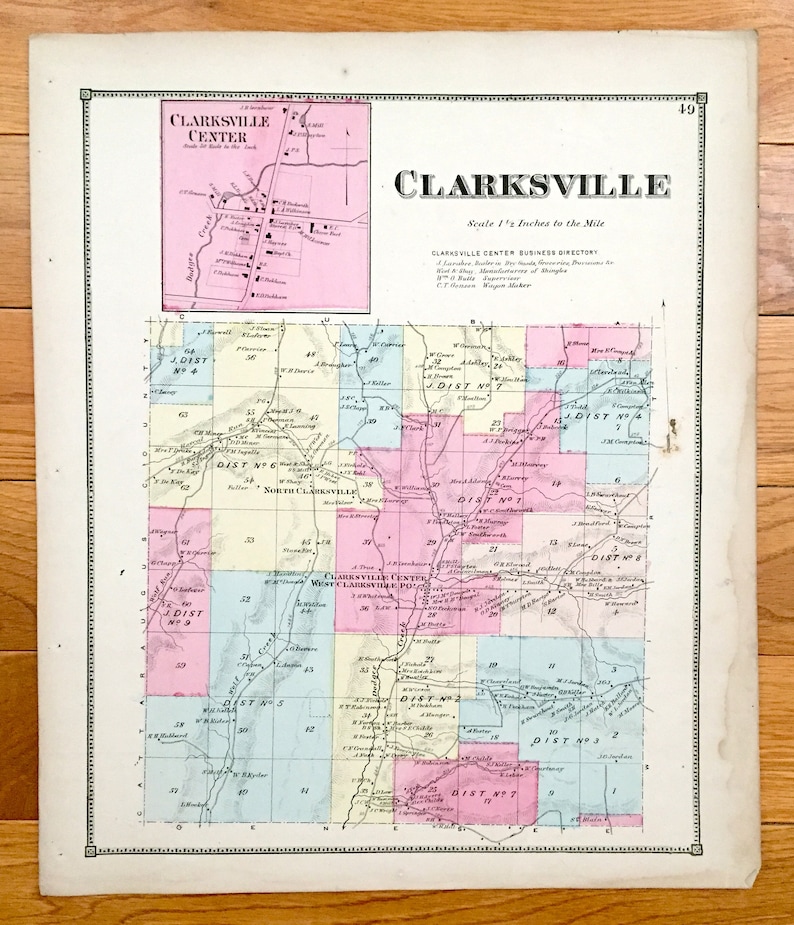 Antique 1869 Clarksville New York Map from D.G. Beers Atlas Etsy