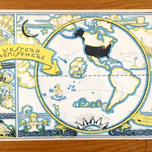Antieke kaart van het westelijk halfrond uit 1938 van Our Gay Geography door Ruth Taylor - Verenigde Staten, Canada, Mexico, Zuid-Amerika, het Caribisch gebied, Brazilië