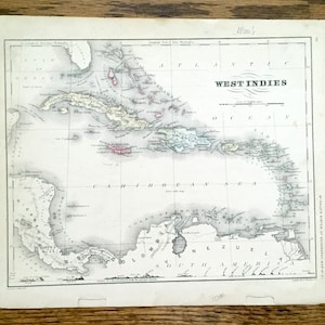 Mapa antigo das Índias Ocidentais de 1860 do Atlas do "Sistema de Geografia" de McNally - Cuba, Costa Rica, Jamaica, Porto Rico, Grandes Antilhas, Flórida