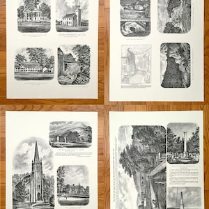 Könnte beinhalten: Vier antike Schwarz-Weiß-Drucke mit historischen Gebäuden und Landschaften. Die Drucke zeigen Kirchen, Häuser und Naturlandschaften mit detaillierten Illustrationen und Text. Die Drucke sind auf einer Holzoberfläche angeordnet.