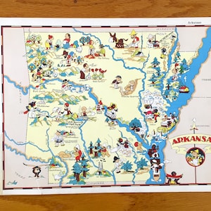 Ancienne carte de l'État de l'Arkansas de 1938 de notre géographie gay par Ruth Taylor - Little Rock, Fort Smith, Fayetteville, Springdale, Hot Springs, AR
