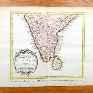Antieke 1773 Hindostan India-kaart door Jacques Nicolas Bellin uit Harrevelt L'histoire Philosophique Atlas - Bombay, Mumbai, Madras, Sri Lanka