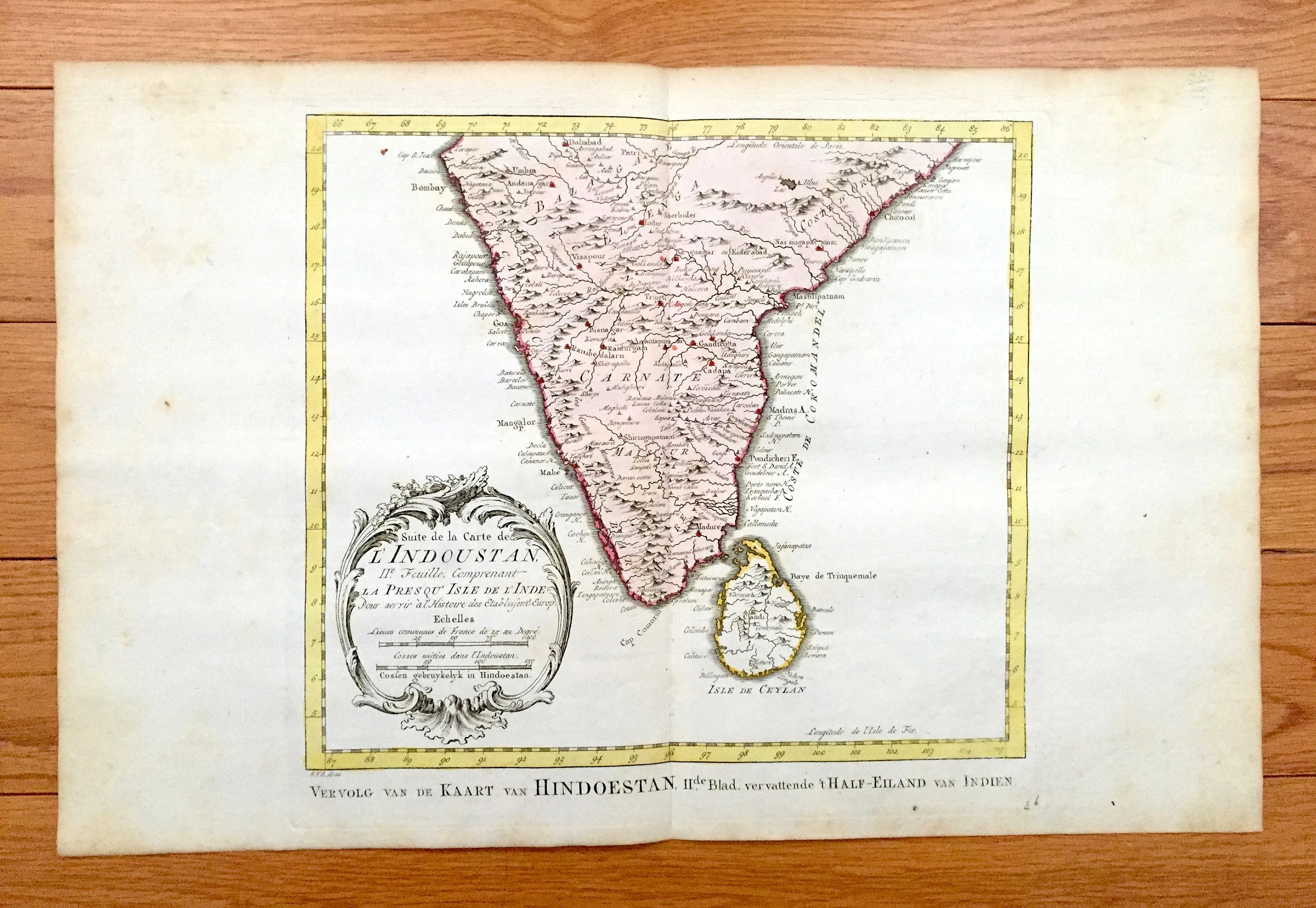Antique 1773 Hindostan India Map by Jacques Nicolas Bellin From