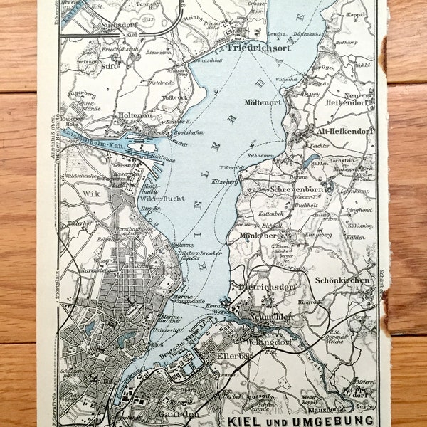 Antique 1925 Kiel und Umgebung, Germany Map from Baedekers Guide Atlas – Ellerbek, Wik, Holtenau, Friedrichsort, Stift, Pries, Monkeburg