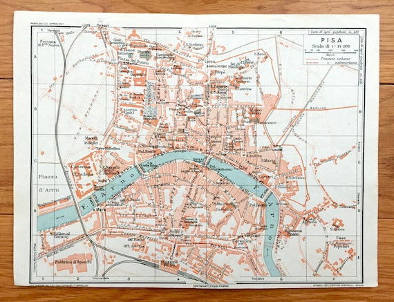 アンティーク 1937 年ピサ、イタリア地図、ミュアヘッドのブルー