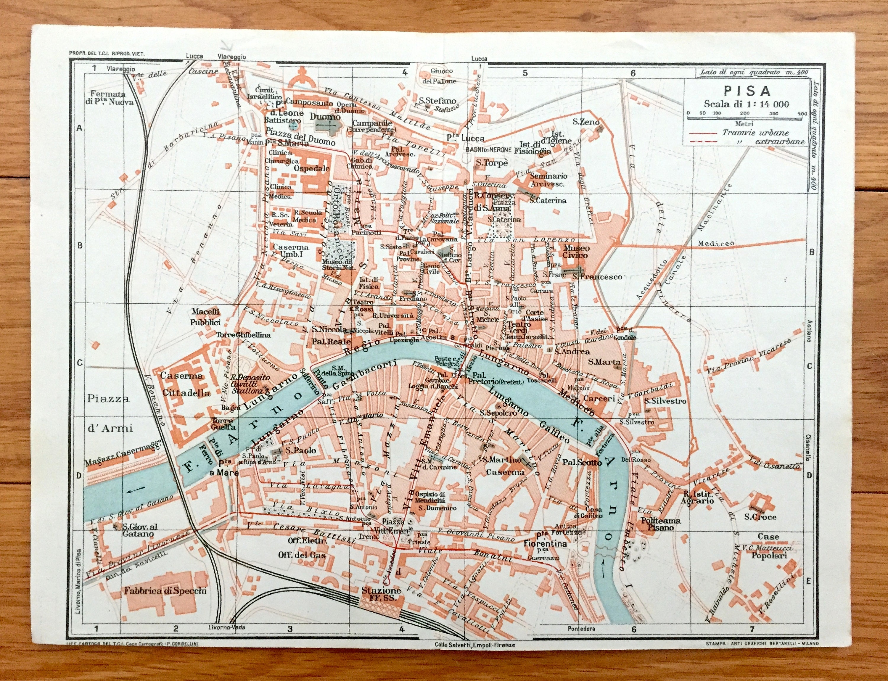 アンティーク 1937 年ピサ、イタリア地図、ミュアヘッドのブルー
