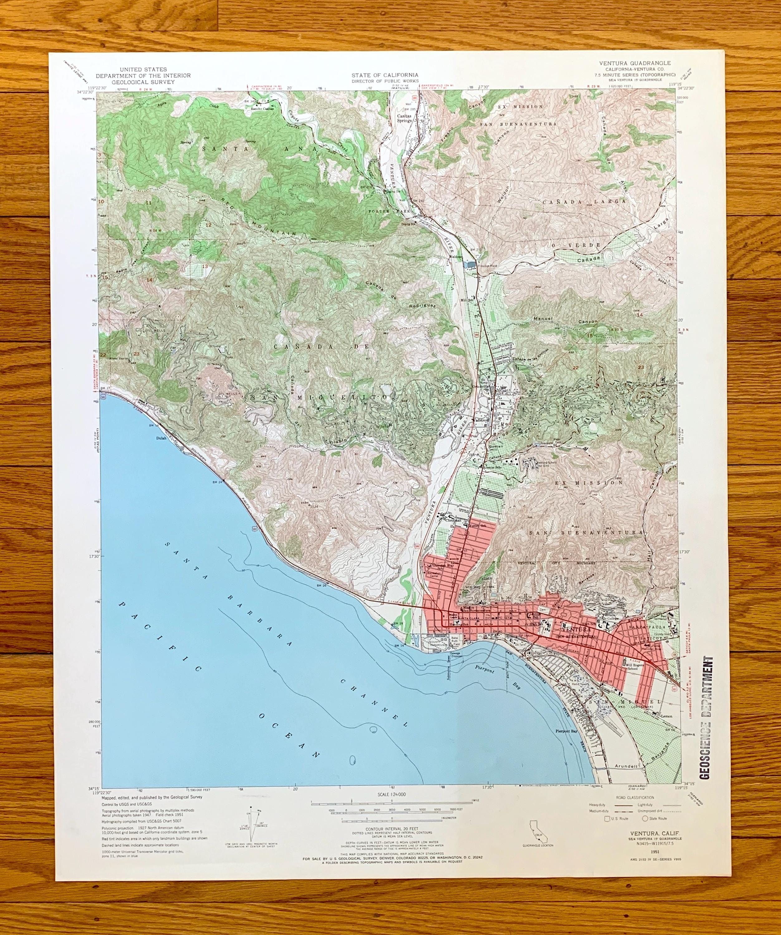 Antique Ventura, California 1951 US Geological Survey Topographic Map – Dulah, Ortonville, Weldons, Wadstrom Casitas Springs Pierpont Bay CA