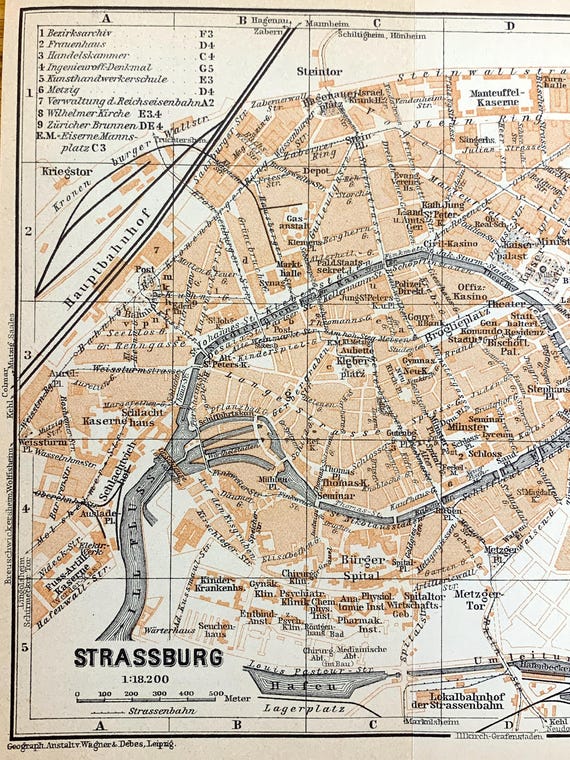 Antique 1911 Strasbourg, France, Map From Baedekers Guide Atlas