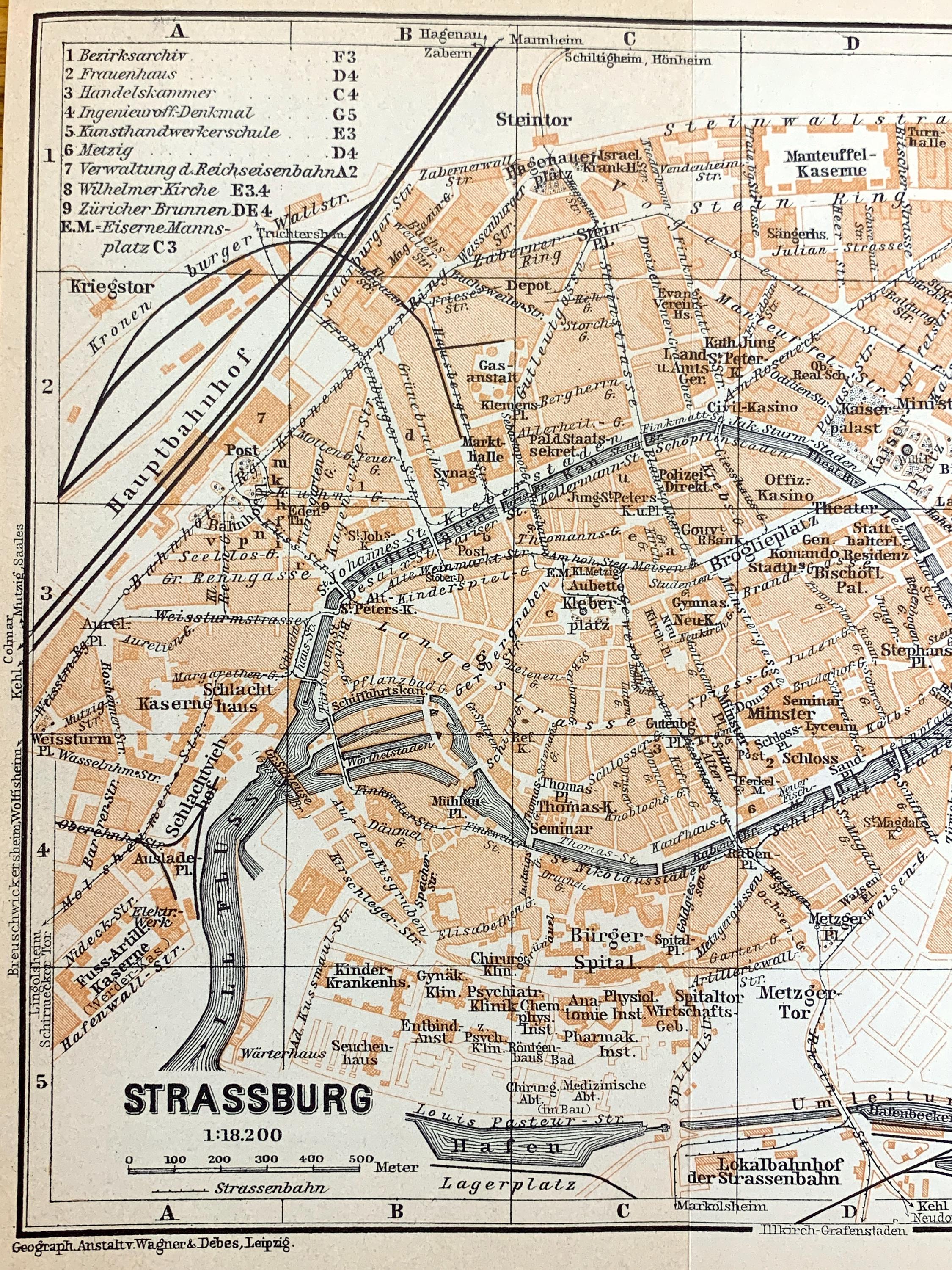 Antique 1911 Strasbourg, France, Map From Baedekers Guide Atlas