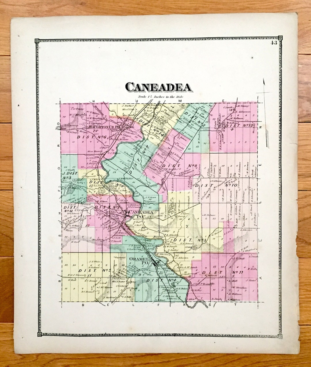 Antique 1869 Caneadea, New York Map From D.G. Beers Atlas of Allegany
