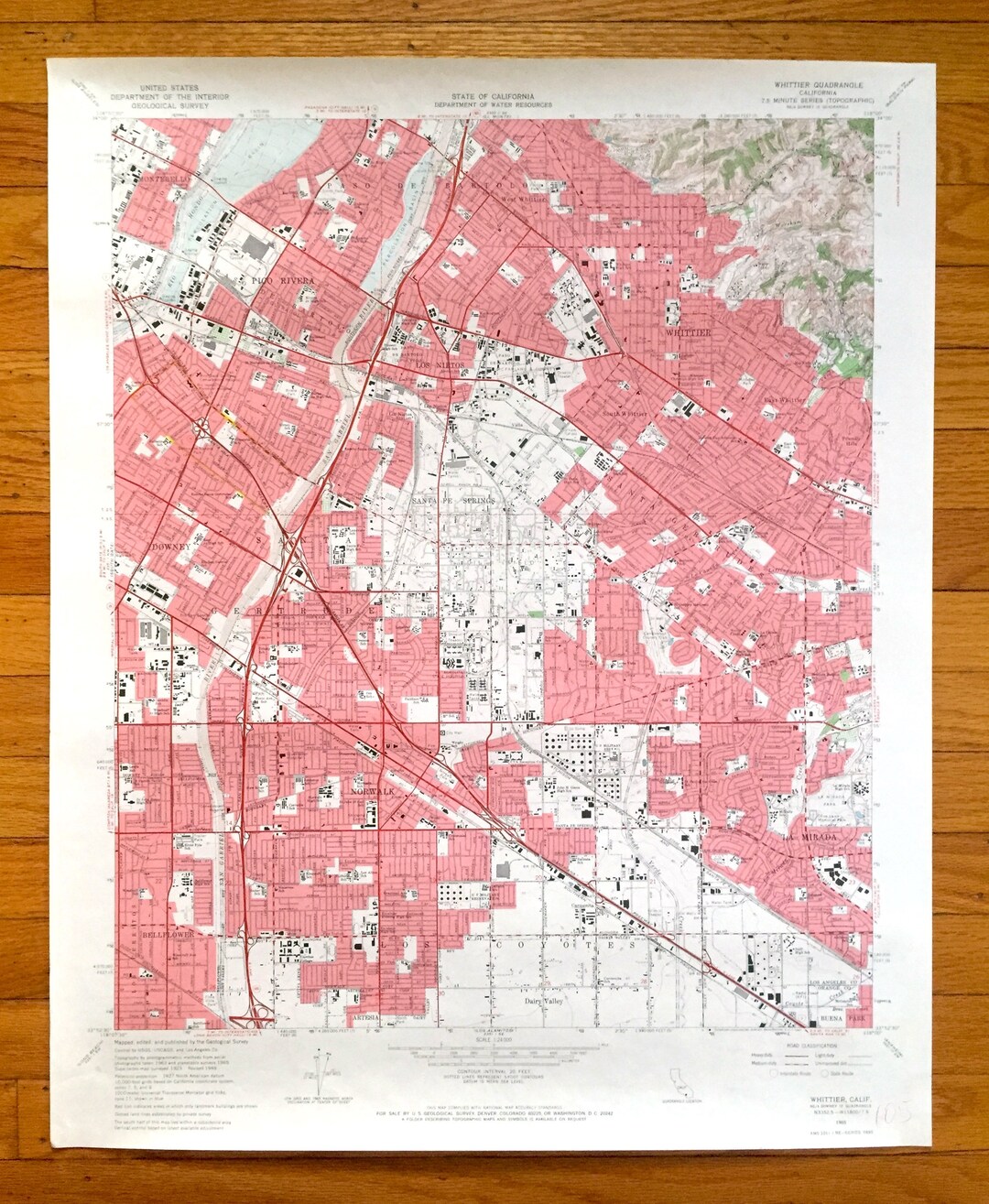 Antique Whittier, California 1965 US Geological Survey Topographic Map