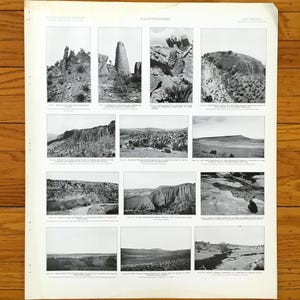 Puede incluir: Una impresión vintage en blanco y negro del U.S. Geological Survey con ilustraciones de paisajes de Nuevo México. La impresión incluye múltiples imágenes de formaciones rocosas, cañones y escenas desérticas, con texto descriptivo.