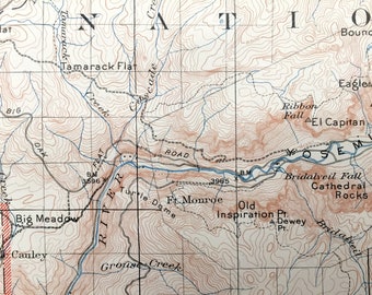 Mapa topográfico antiguo del Parque Nacional Yosemite, California