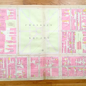 Antique Franklin Square, Filadelfia, Pensilvania 1908 Elvino V Smith Atlas Mapa – Centro de la ciudad, Chinatown, Ciudad Vieja, Callowhill PA PHL