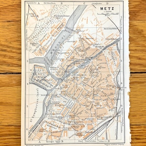 Antike 1911 Metz, Frankreich Karte von Baedekers Guide Atlas – Region Grand Est, Mosel Seille Fluss, gotische Kathedrale, Deutschland, Luxemburg