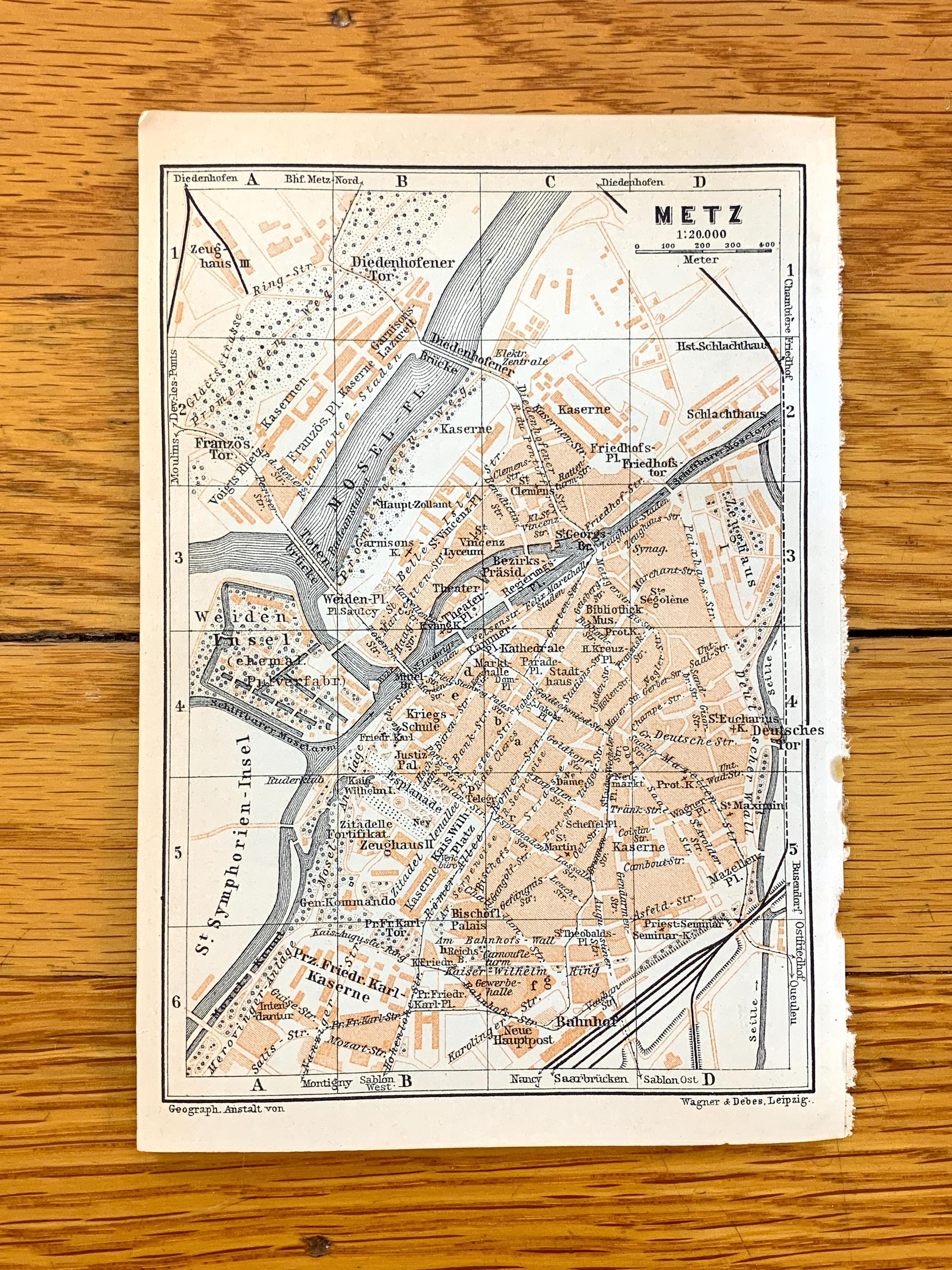 アンティーク 1911 年メス、フランス Baedekers Guide Atlas の地図