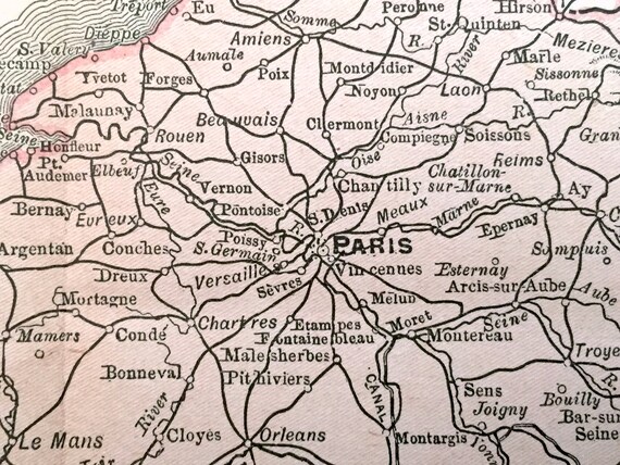 Antique 1895 France Map by Rand Mcnally – Paris, Versailles, Lyon