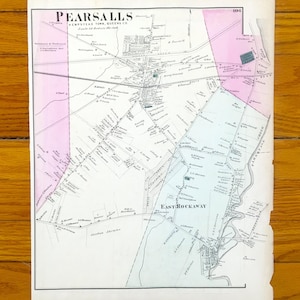 Antike 1873 East Rockaway, Lynbach, New York Karte von F.W. Beers Atlas von Long Island - Hempstad, Hewlett, Queens, Pearsall, Bay Park, NY