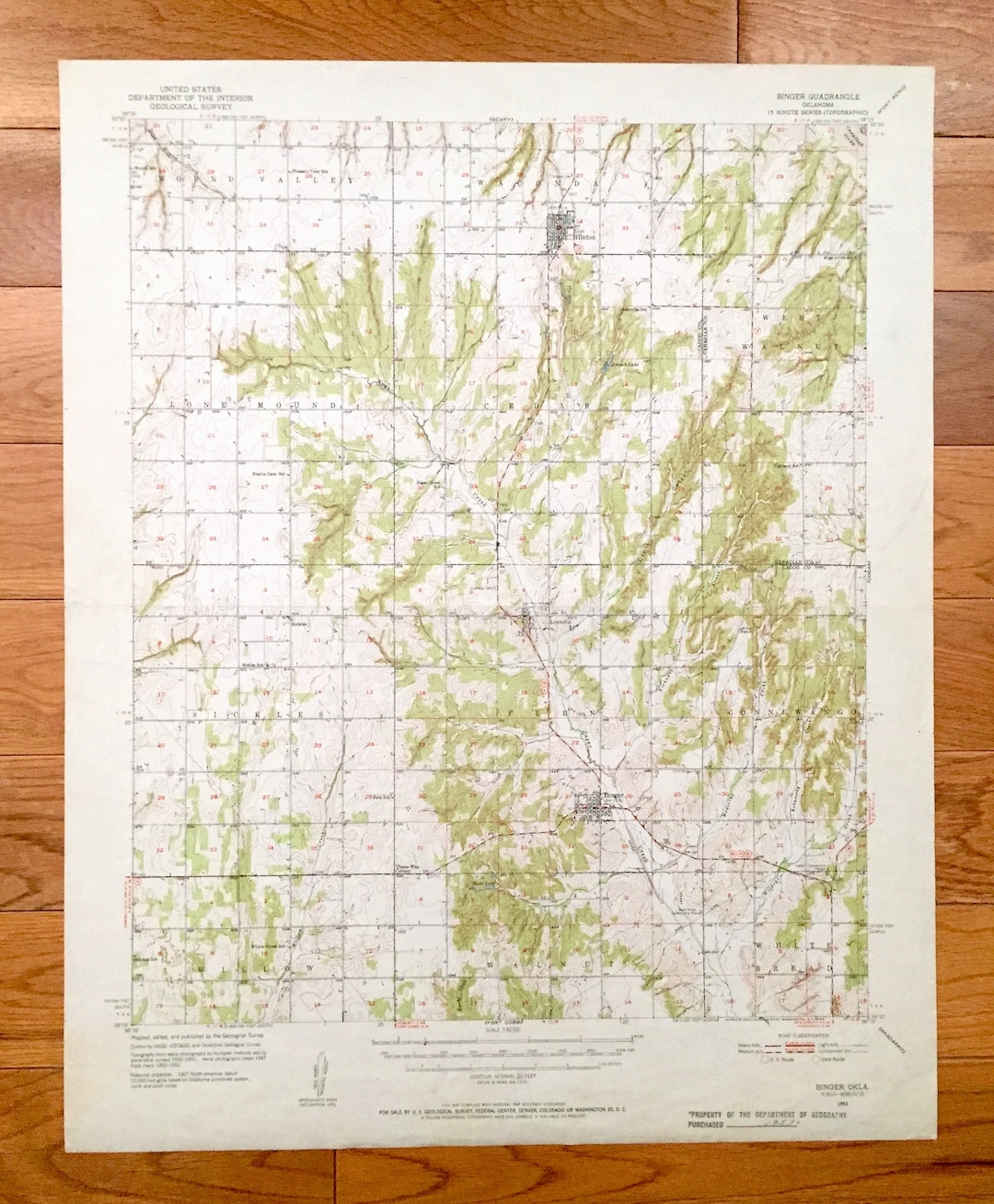 Antique Binger Oklahoma 1951 US Geological Survey Topographic Etsy France